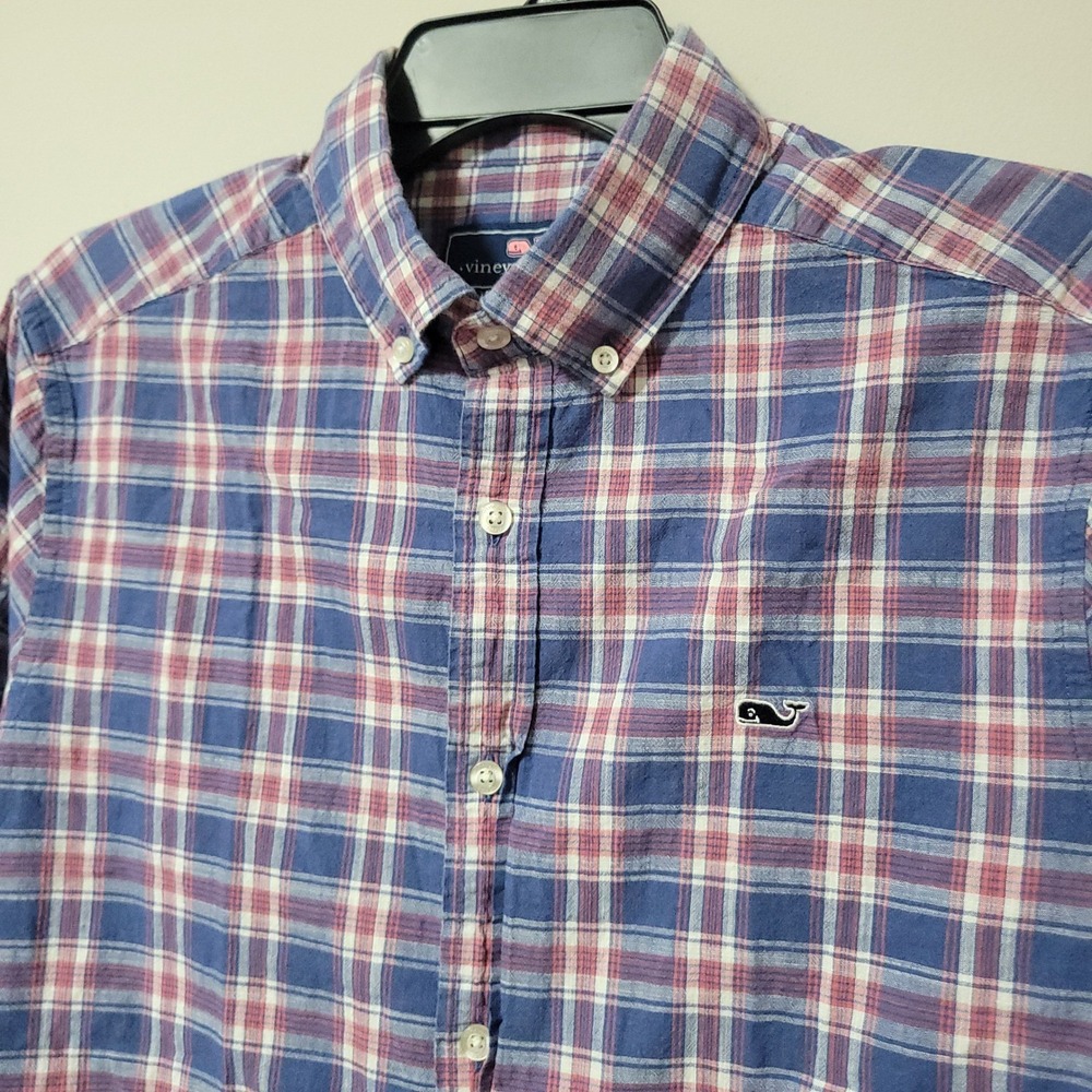 Vineyard Vines Button Down Whale Shirt Mens M Blue Red Plaid Cotton Short Sleeve